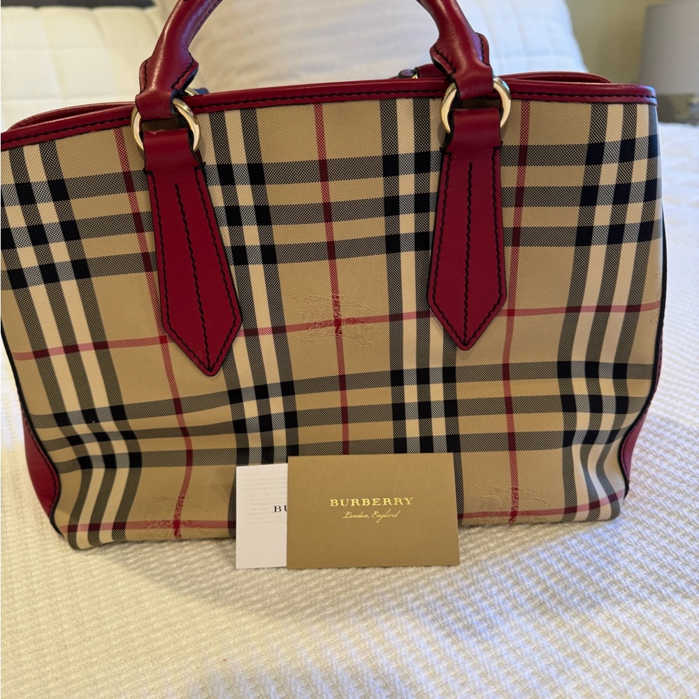 Burberry Cream and Red Satchel with Classic Plaid Design